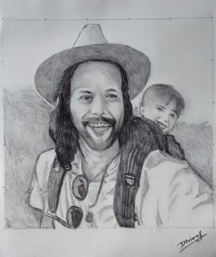 A pencil sketch portrait depicts a smiling man with long hair and a beard wearing a wide-brimmed hat and headphones, with a child perched on his shoulder. The signature "David" appears in the bottom right corner, and the accompanying text celebrates Baiju Bhatt for making crypto culture fun again and bringing people back through Robinhood, suggesting the sketched man is Bhatt, co-founder of Robinhood.