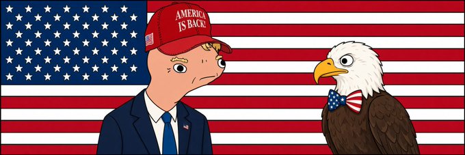 A cartoon-style banner for the Solana token $DUNALDU features a man in a suit wearing a red cap reading "AMERICA IS BACK" beside a bald eagle with an American flag bow tie, all set against a U.S. flag background. The patriotic imagery reflects the token's likely theme centered on American symbolism.