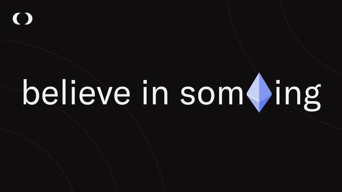 A black graphic with white text reading 'believe in som�ing' where the 'e' is replaced by a blue diamond/Ethereum logo, with a small Crescens logo in the top left corner.