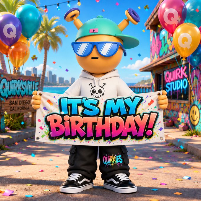 A 3D-rendered orange character wearing sunglasses and a backwards cap holds a banner reading "IT'S MY BIRTHDAY!" in front of a graffiti-covered building marked "QUIRKSVILLE STUDIO" and "QUIRK STUDIO", with "SAN DIEGO CALIFORNIA" visible on a sign.
