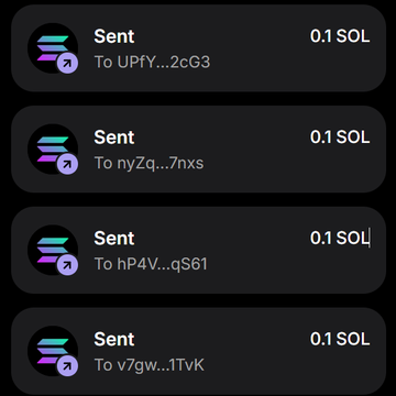 The image shows a list of four "Sent" transactions, each transferring 0.1 SOL to different wallet addresses (UPfY...2cG3, nyZq...7nxs, hP4V...qS61, and v7gw...1TvK), demonstrating the airdrop distribution mentioned in the post.