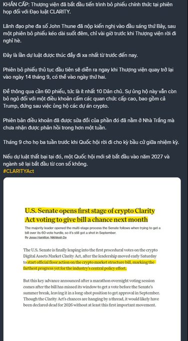 A Vietnamese-language social media post discussing the U.S. Senate Clarity Act crypto bill, featuring an English headline "U.S. Senate opens first stage of crypto Clarity Act voting to give bill a chance next month" with highlighted text about official floor action on the crypto market structure bill.