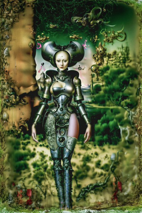A surreal digital artwork of a mechanical female figure with elaborate headgear standing in a verdant, fantastical landscape with ornate decorative borders.