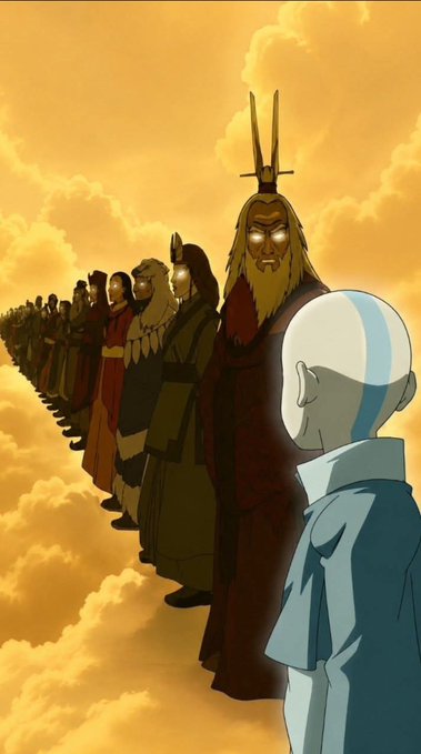 An animated scene shows a line of characters including a bearded figure with a crown and a young boy with a blue arrow tattoo, standing against a golden cloudy sky.