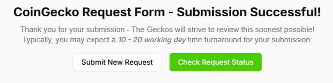 A CoinGecko Request Form confirmation page displays "Submission Successful!" with a message indicating a 10-20 working day turnaround, confirming the listing request submission for the $TFF token on CoinGecko.