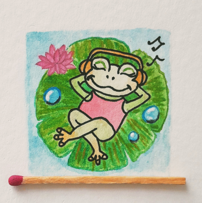 A colorful watercolor and ink illustration of a smiling frog relaxing on a lily pad, wearing headphones and a pink outfit, with musical notes floating nearby.