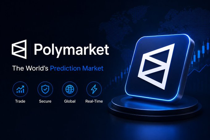 Promotional graphic for Polymarket, described as 'The World's Prediction Market,' featuring four feature icons: Trade, Secure, Global, and Real-Time.
