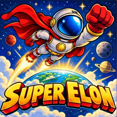 A cartoon-style illustration of an astronaut with a red cape flying through space with the bold text 'SUPER ELON' at the bottom.