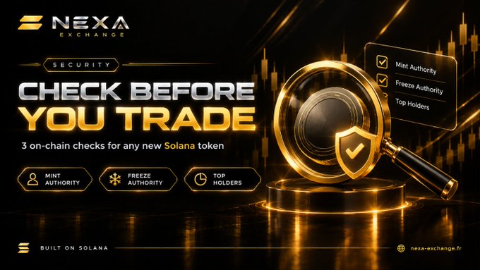 A promotional banner for Nexa Exchange advertising their 'CHECK BEFORE YOU TRADE' security feature, highlighting 3 on-chain checks for Solana tokens: Mint Authority, Freeze Authority, and Top Holders.