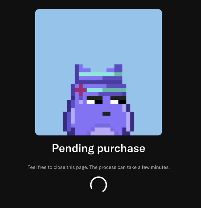 A 'Pending purchase' loading screen featuring a pixel art purple character with a bandage on its head, displayed in a rounded blue square frame with a loading spinner and the text 'Feel free to close this page. The process can take a few minutes.'