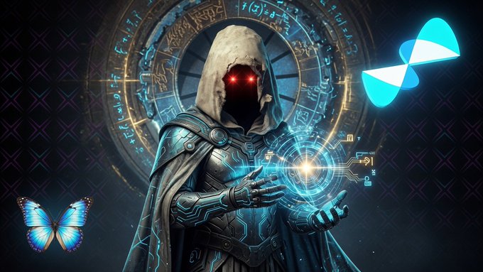 A hooded figure with glowing red eyes channels a radiant quantum energy orb, framed by an intricate circular glyph and flanked by a butterfly and a spinning geometric symbol—evoking the post's theme of accessing real quantum resources through a decentralized testnet for optimized crypto job submissions.