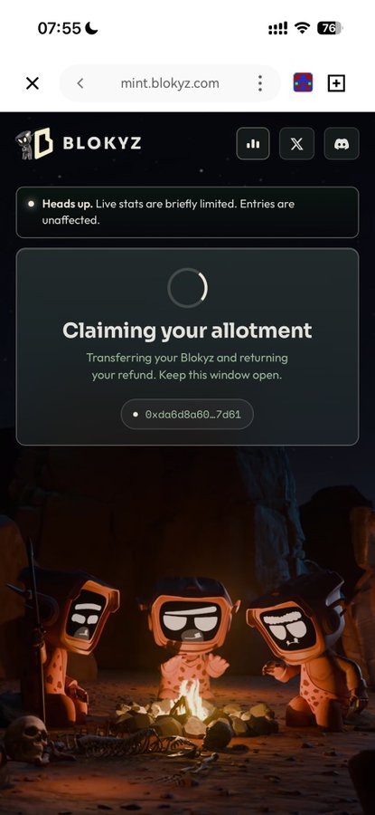 A mobile browser screen at mint.blokyz.com showing 'Claiming your allotment' with the message 'Transferring your Blokyz and returning your refund. Keep this window open.' above three cartoon cave characters around a fire.