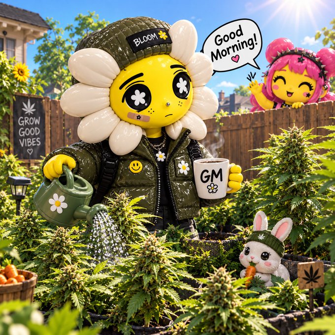A vibrant, colorful scene featuring a sunflower character wearing a 'BLOOM' hat and green jacket, watering plants in a garden while a pink character says 'Good Morning!' from behind a fence.