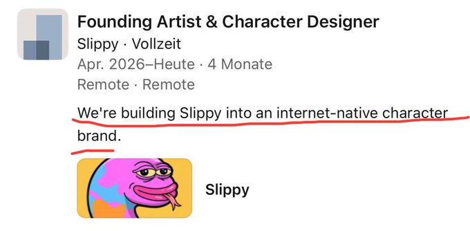 A LinkedIn job listing shows "Founding Artist & Character Designer" roles at Slippy for "building Slippy into an internet-native character brand." The post highlights that Slippy's original artist also designed Pudgy, positioning $SLIPPY as a potential Robinhood-driven opportunity.