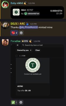 A Discord chat screenshot shows a mint transaction of 'Mint #2707' by nikishi78764 for 0.0004 ETH ($1.09), with messages from Baby nikhi, DOZE | ARC, and Paradise thanking ALPHAMAXII for the minted item.