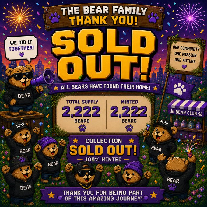 A 'Bear Family Thank You! Sold Out!' celebration graphic for a 2,222 NFT collection that fully minted out with 100% completion.