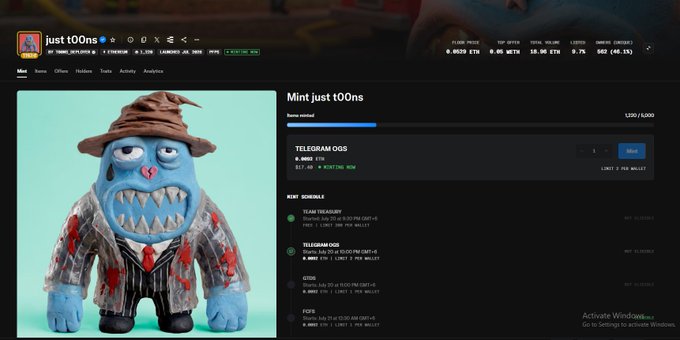 The image shows a webpage for the NFT project "just t00ns," featuring a blue monster character wearing a brown wizard hat and a pinstripe suit with red tie, alongside minting statistics showing 1,210/5,000 minted at 0.0002 ETH ($0.85) with a current top offer of 0.06 ETH. This aligns with the post's claims about t00n's strong early performance, showing the live mint progress and rising floor/top offer prices supporting the user's bullish sentiment about the project's potential.