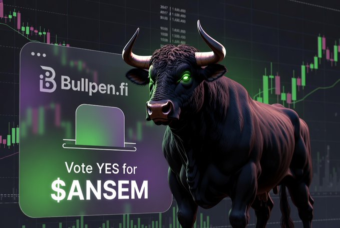 A promotional graphic for Bullpen.fi featuring a black bull statue with green glowing eyes, overlaid with 'Vote YES for $ANSEM' text on a candlestick chart background.