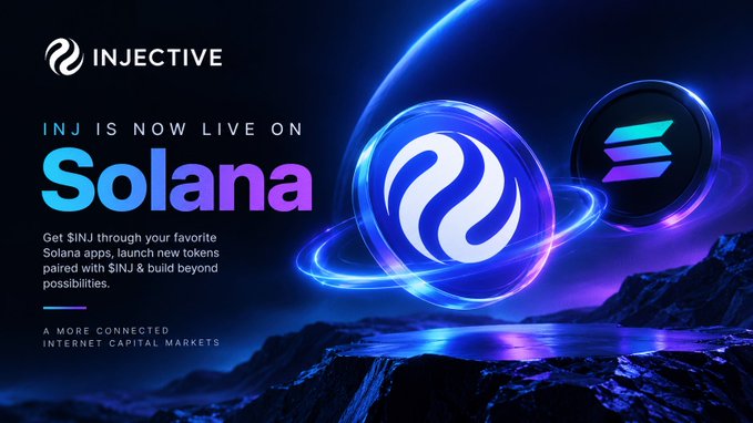 A promotional graphic for Injective announcing 'INJ IS NOW LIVE ON Solana' with the Injective and Solana logos against a dark, futuristic background.