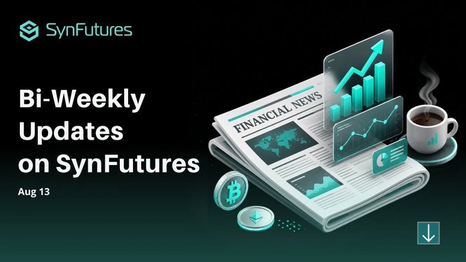A promotional graphic titled "Bi-Weekly Updates on SynFutures" dated Aug 13, featuring the SynFutures logo alongside an illustrated newspaper labeled "FINANCIAL NEWS" with chart graphics, a Bitcoin coin, and a coffee cup, visually representing the bi-weekly news update post about platform improvements like backend monitoring, corporate actions filter fixes, and AI crawler optimization.