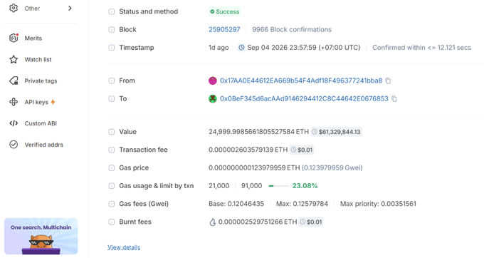 An Etherscan transaction details page showing a successful transfer of 24.99999856 ETH (~$61,329,844.13) from address 0x17AA0E44612EA669b54F4Adf18F496377241bba8 to address 0x0Bef345d8acAAd9146294412CBc44642E0676853, confirmed in block 25905297.