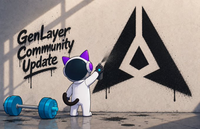 A graffiti-style illustration featuring a white cat character with a spray paint can next to a blue dumbbell, painting a black triangular logo, with the text 'GenLayer Community Update'.
