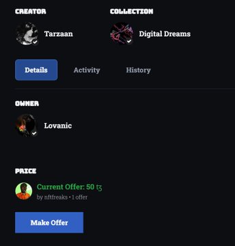 An NFT listing page showing creator 'Tarzaan', collection 'Digital Dreams', owner 'Lovanic', with a current offer of 50 ꜩ (tezos) by nftfreaks and a 'Make Offer' button.