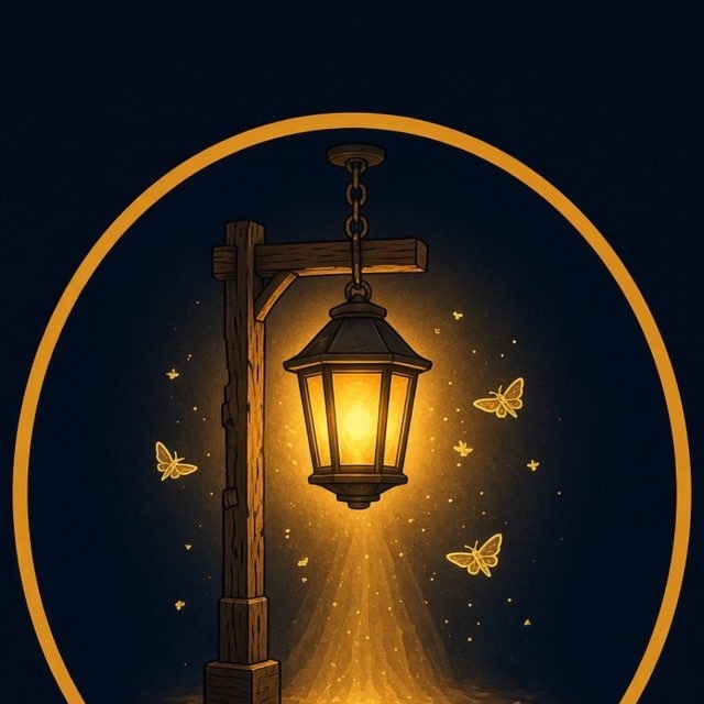 An illustrated image shows a glowing lantern hanging from a wooden post, surrounded by butterflies against a dark background with a yellow circular border.