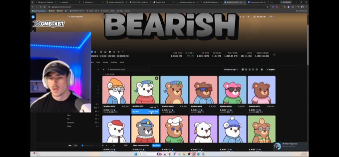 A YouTube video screenshot showing a streamer reviewing the 'BEARiSH' NFT collection on OpenSea, displaying various cartoon bear NFT characters.