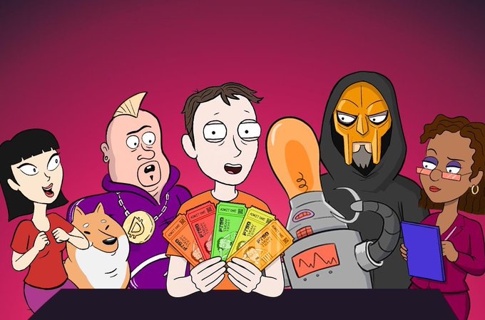 An animated cartoon illustration shows five characters around a table, with the central figure holding colorful cards while a masked figure and a robot stand nearby against a magenta background.