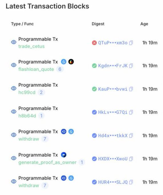 The image is a screenshot of a page displaying a list of transaction blocks for a project named Sui Network. The project's age, digest, programmable types, and transaction types are shown in different columns within the table. However, there are several blocks missing or displayed incorrectly on the screen. The post discusses the situation: "Sui Network is down again, with block production halted for over an hour. Team says it is actively working to solve it." This information suggests that a system issue may be affecting the project's operations and causing delays in completing transactions.