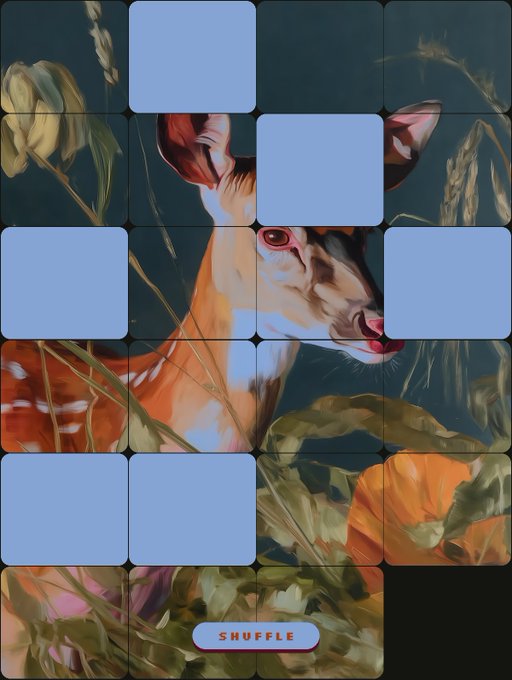 A digital puzzle game featuring a partially completed image of a deer in a forest setting, with blue placeholder tiles and a 'SHUFFLE' button at the bottom.