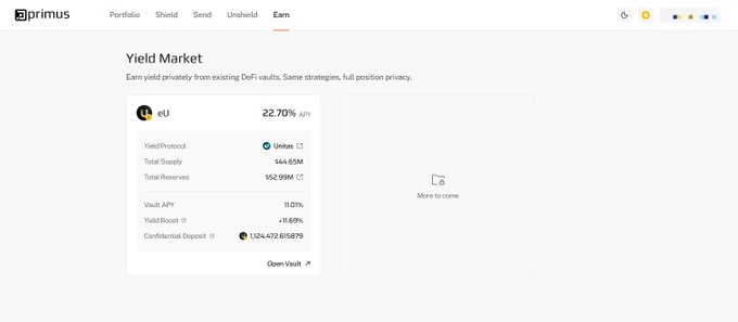 The image displays Primus's "Yield Market" page under the "Earn" tab, highlighting a privacy-focused DeFi vault called "sEU" with a 22.70% APY, featuring $146.65M in total supply, $152.99M in reserves, and 1,124.472 $sEU in confidential deposits, demonstrating how the platform enables yield generation while concealing transaction details through encrypted vaults. This visually reinforces the post's argument that Web3's transparent nature creates security risks for treasury and personal wealth, showcasing privacy as a practical feature rather than just a concept.