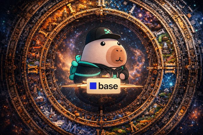 A cute cartoon cow mascot wearing a black cap and teal backpack stands in front of an ornate cosmic clockwork backdrop, with a "base" logo displayed below it. The image appears to be promoting Base (the Coinbase L2 network) and aligns with the post's message about stablecoins serving as an accessible on-ramp to the broader economy for everyday users.