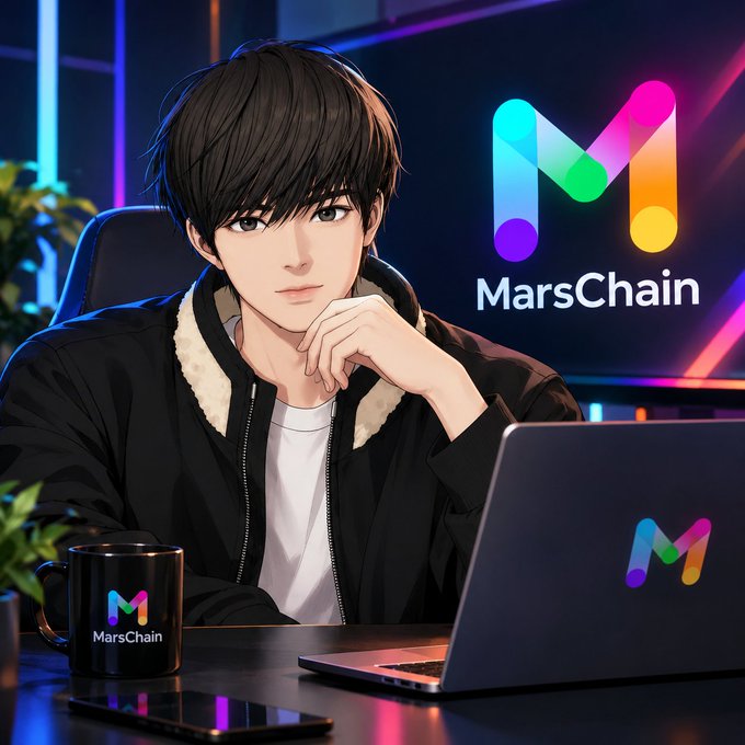 An anime-style illustration of a young man sitting at a desk with a laptop and mug, both branded with the 'MarsChain' logo and colorful 'M' symbol.