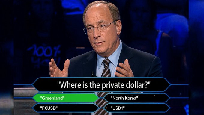 A man in a suit appears on a game show with the question "Where is the private dollar?" and answer options "Greenland," "North Korea," "FXUSD," and "USD1" displayed below.