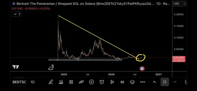 A TradingView 1D chart of "Bertram The Pomeranian / Wrapped SOL on Solana" (BERTSC) showing a descending triangle pattern with the token trading at $0.01343 USD, where price appears to be breaking out of the wedge structure near the resistance trendline—supporting the post's claim about $Bert's recent breakout.