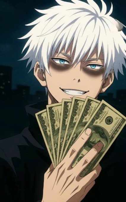 An anime-style character with white hair, dark eye makeup, and a smug grin holds up a fan of US $100 bills against a nighttime cityscape backdrop. The image evokes a "get rich quick" or crypto giveaway vibe, matching the post's promotion of a 5 SOL giveaway (with 1 SOL to each of 5 winners) requiring followers, reposts, likes, joining the Telegram channel t.me/NaruzaBullRoom, and wallet submissions to enter.