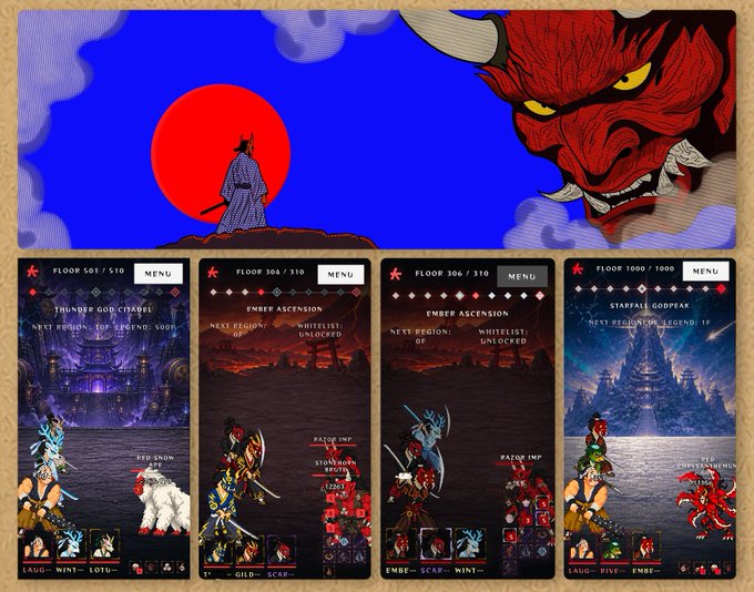 A collage featuring a samurai standing before a red sun and a red demon mask, with four mobile game screenshots below showing battle scenes and menus like "THUNDER GOD TEMPLE" and "STARFALL GODPEAK".