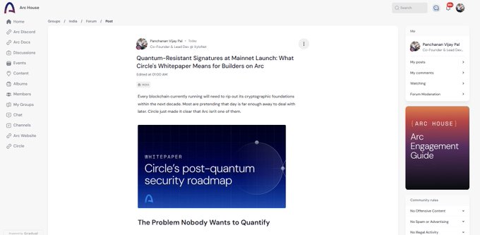The image showcases a webpage designed for an Arc cryptocurrency project called Circle. It features various elements such as social buttons (social media icons), a search bar, and a list of posts related to the Circle project. One of these posts mentions a new research paper about a quantum-resistant security protocol that can protect smart contract wallets from potential attacks. This discussion is important for ensuring the security and success of the Circle project. The image also contains relevant text such as "The problem nobody wants to quantity" which might be related to the project's goals or user experience.