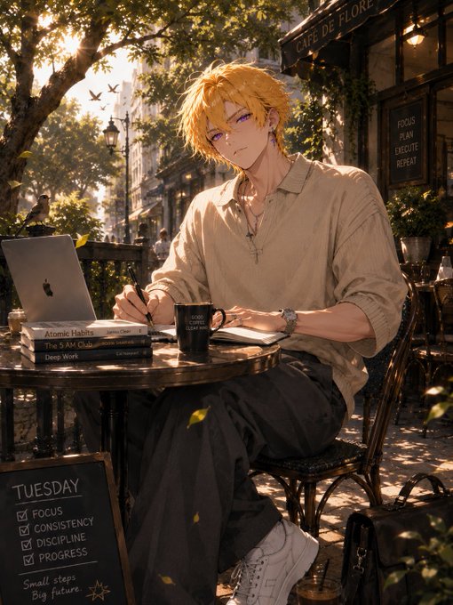 An anime-style illustration of a blonde character working on a laptop at a Parisian café, with a checklist reading 'TUESDAY: FOCUS, CONSISTENCY, DISCIPLINE, PROGRESS' and a 'Café de Flore' sign in the background.