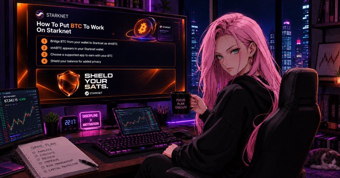 An anime-style illustration of a pink-haired woman at a multi-monitor setup displays a Starknet guide titled "How To Put BTC To Work On Starknet," with steps showing bridging BTC as strkBTC via GardenFi, Shield Your Sats, and staking through zkLend, matching the post's explanation of using BTC on Starknet via GardenFi while maintaining self-custody.