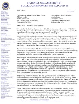 The image is an official letter dated July 1, 2024, from the National Organization of Black Law Enforcement Executives (NOBLE), addressed to The Honorable Majorie Taylor Greene, addressing legislation related to digital assets and mentioning NOBLE's support for the Clarity Act.