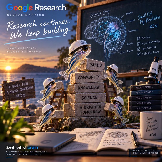 The image is a Google Research "Neural Mapping" promotional graphic for the Zebrafish Brain project, showing a sunset coastal scene with a chalkboard displaying a zebrafish brain neural map, and cute anthropomorphized zebrafish wearing construction hard hats climbing a stack of bricks labeled "BUILD, COMMUNITY, KNOWLEDGE, SCIENCE, A BRIGHTER TOMORROW." Key text includes "Research continues. We keep building," "Small Fish Big Possibilities," "Same Curiosity. Bigger Tomorrow," and a checklist noting goals like "More Data," "Deeper Understanding," "New Discoveries," and "A Healthier Future," alongside a stack of books titled "Neuroscience, AI for Biology, Brain Mapping, Connectome, Open Science."

The image aligns with the post's themes of community-driven building, long-term research sustainability, and the "small fish, bigger tomorrow" narrative, reinforcing the project's foundation on collaboration and incremental scientific progress rather than short-term price action.