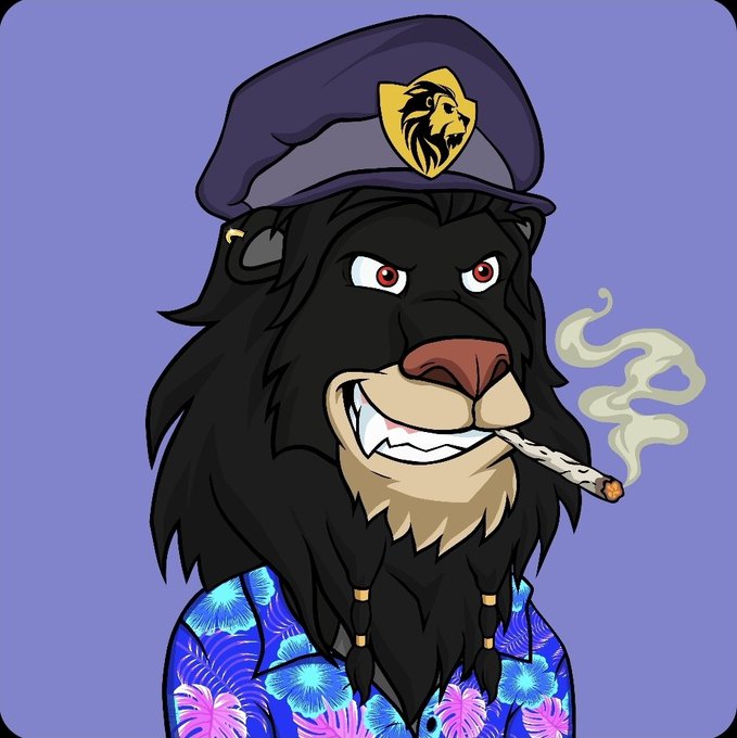 A cartoon illustration of a fierce lion character smoking a joint, wearing a purple police-style cap with a gold lion emblem and a blue Hawaiian floral shirt against a purple background.