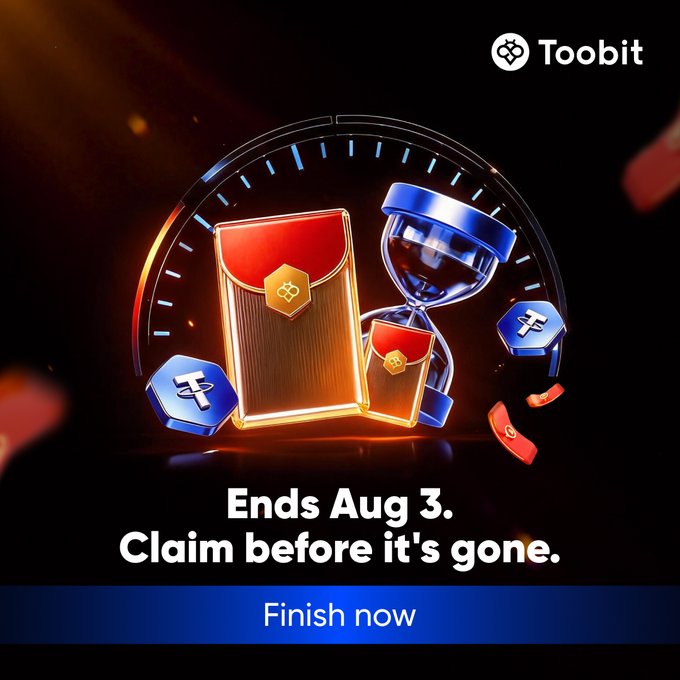 This is a promotional graphic from Toobit featuring an hourglass, treasure chests, and USDT coins with the text "Ends Aug 3. Claim before it's gone." and a "Finish now" button, tying directly to the post's urgency about a time-limited invite-friends campaign offering a share of 100,000 USDT in Lucky Drops rewards.