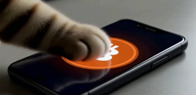 A creative image showing a cat's paw tapping on a smartphone screen that displays an orange Bitcoin logo, symbolizing cryptocurrency usage.
