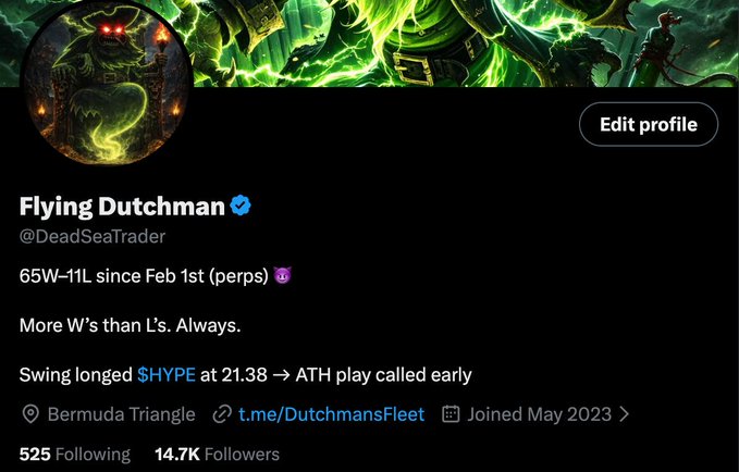 A Twitter/X profile for "Flying Dutchman" (@DeadSeaTrader) featuring gaming artwork, with the bio stating "65W-11L since Feb 1st (perps)" and "Swing longed $HYPE at 21.38 → ATH play called early."