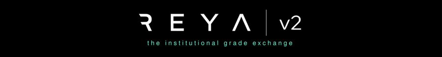 A minimalist black logo with white text reading "REYA | v2" and a green tagline below stating "the institutional grade exchange," announcing the launch of Reya v2 as highlighted in the accompanying post.