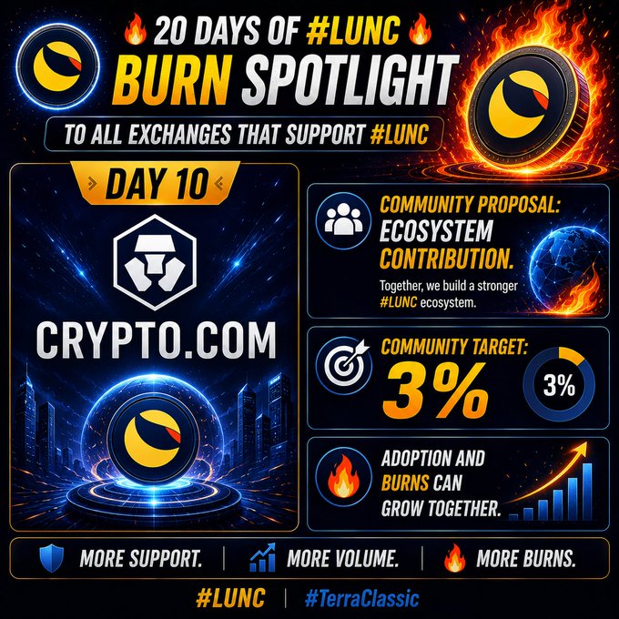 The image features a poster that includes an infographic with various icons representing different aspects of cryptocurrency and Bitcoin exchanges, such as logos for #LUNC and #cryptocom. The infographic also contains information about the upcoming "Burn Spotlight" event, where users can sign up to join the discussion on what makes Bitcoin burn. The post encourages more support for increased volume and calls for a stronger community effort to burn more Bitcoins together. This image is related to the post because it showcases an ongoing conversation or event in the cryptocurrency world related to Bitcoin exchanges and ICOs (Initial Coin Offerings).